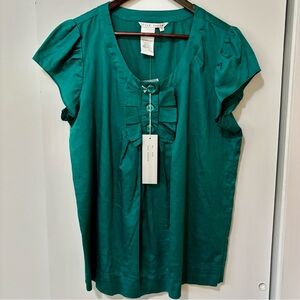 Fred David| NEW Green Satiny Cap Sleeve Ruffle Button Front Cotton Blouse Sz XL